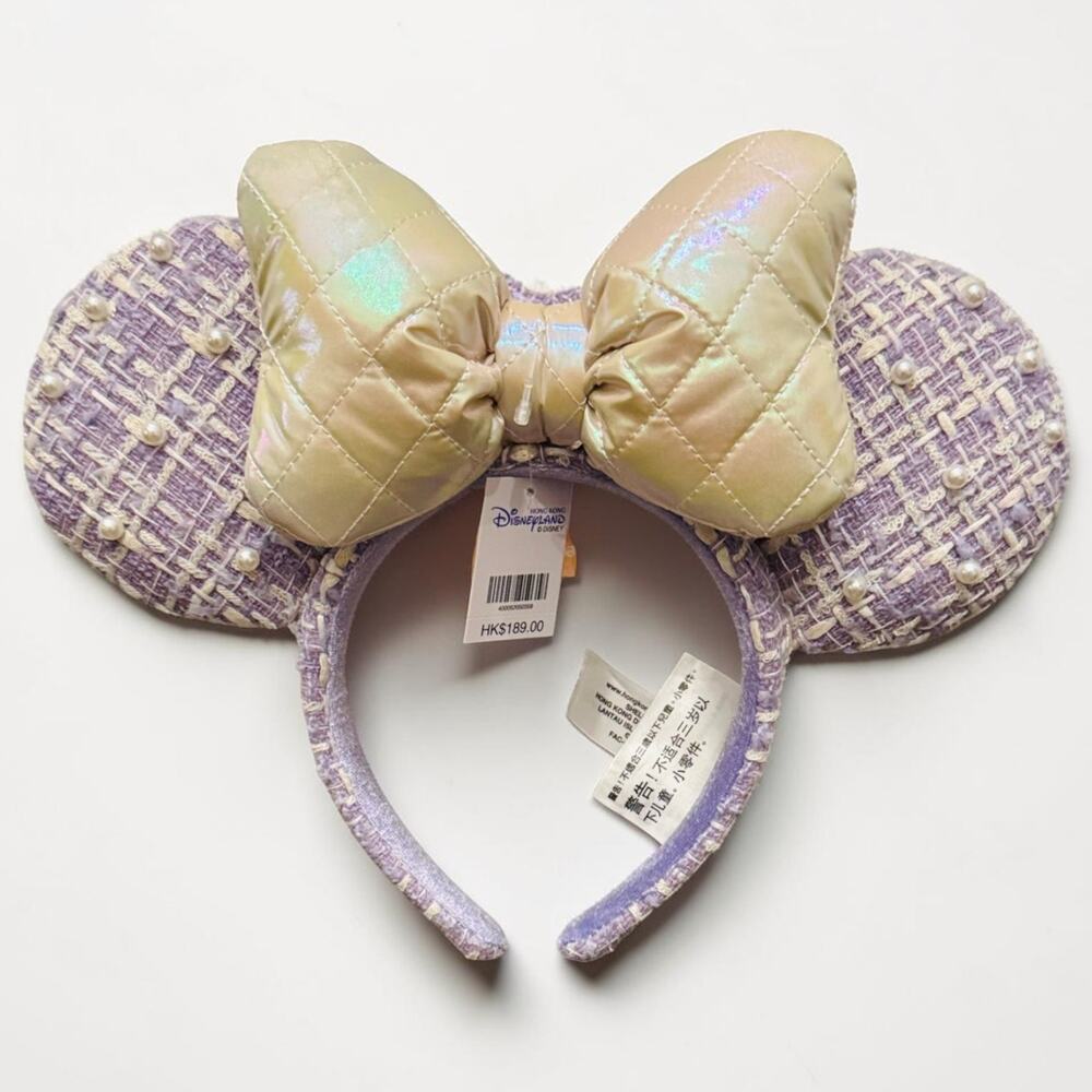 Disney Store Hong Kong Purple Tweed Pearl Minnie Ear Headband Iridescent Bow NWT